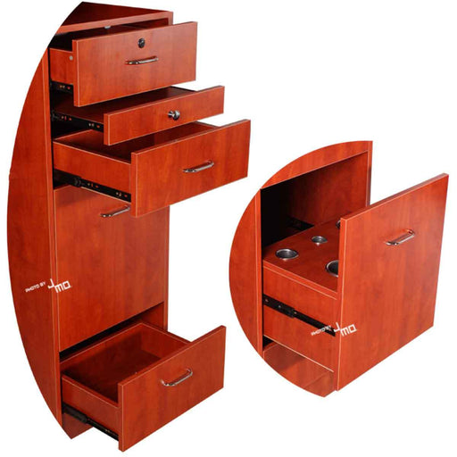 The Jmo brand styling station base cabinet interior view. Four drawers, two standard, one lockable, and one with removable tool holders. Cabinet also features a pullout work space in case you need a bit more flat surface to work with.
