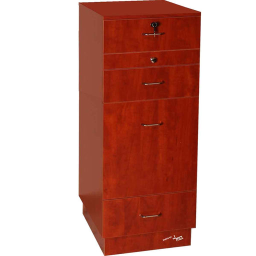 Deluxe styling station cabinet base with lockable drawer, pullout work surface, interior tool holders, and two non-locking drawers. Station comes in Sedona Red, Black, White, and Walnut color laminate.
