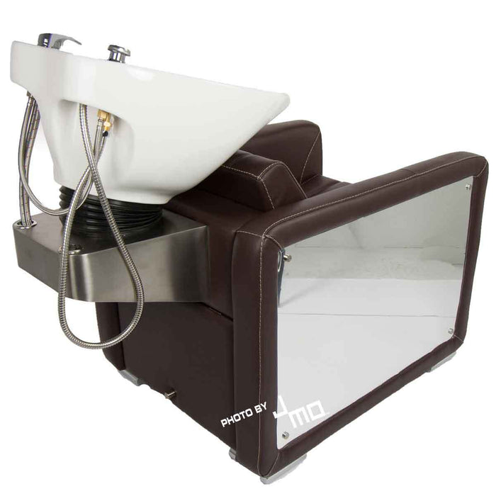 Hair washing shampoo backwash unit with the bowl mounted on the back to make it easy for plumbing to meet your needs. Plumb to the side or to the back depending on where you would like to stand while you wash your client's hair. A tall bowl will save your back, so don't wait to upgrade to this amazing shampoo chair.