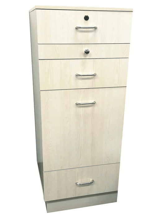Deluxe styling station cabinet base with lockable drawer, pullout work surface, interior tool holders, and two non-locking drawers. Station comes in Sandalwood, Black, White, and Walnut color laminate.