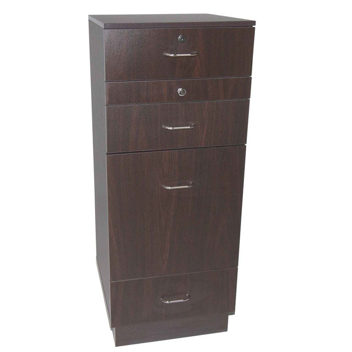Deluxe Jmo styling station base cabinet in walnut laminate. Comes equipped with one locking drawer, two regular drawers, and over-sized drawer with removable tool holders, and a pullout work space to help keep your counter tops uncluttered.